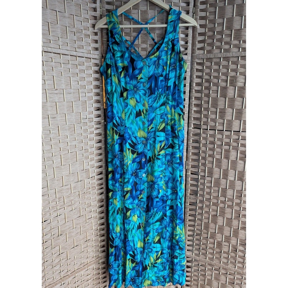 Vtg Scarlett Blue Tropical Floral‎ Button Front Strappy Back Maxi Dress Resort